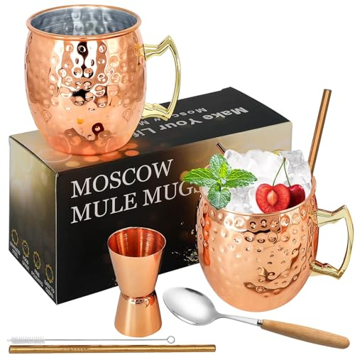 SuproBarware Moscow Mule Copper Mugs Set of 2 - 18 Oz Stainless Steel Cups, Food Safe Hammered Mugs for Cocktails, Water, Cold Drinks