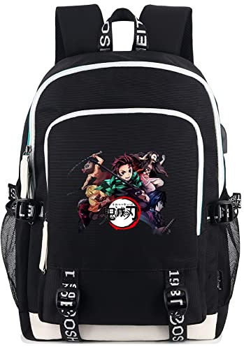Roffatide Anime Demon Slayer Rucksack für Jungen Bedruckter Schulranzen Laptop Rucksack mit USB-Ladeanschluss & Kopfhöreranschluss Schwarz