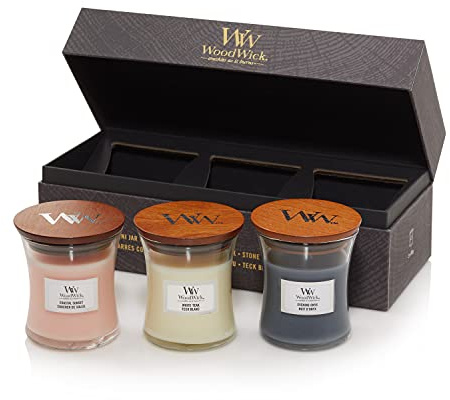 WoodWick Duftkerzen-Geschenkset | Duftkerzen mit Blumenmuster im Sanduhrglas mit knisternden Dochten | Geschenkset | 3 Teile