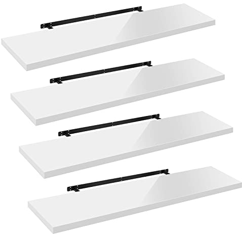 WOLTU Wandregal Hochglanz Weiß 4er Set Schweberegal, 120x22.9x3.8 cm, Regal freischwebend, Galeriedisplay, Wanddeko für Wohnzimmer Schlafzimmer Küche, MDF, verdeckte Aufhängung
