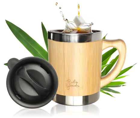 Robin Goods® Trinkbecher aus Bambus und Edelstahl mit Henkel - To-Go Becher 300 ml - doppelwandige Campingtasse mit Kunststoff-Deckel - bruchsicher und BPA-frei (1x bambusfarben)