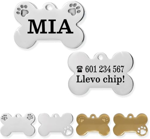 Ibera Gifts - Chapa Perro Grabada De Acero Inoxidable En Forma De Hueso, Tamaño 25 x 16 mm, Placa Perro Personalizada Para Cachorros y Mascotas Muy Pequeñas (Peq. 2 Huellas)