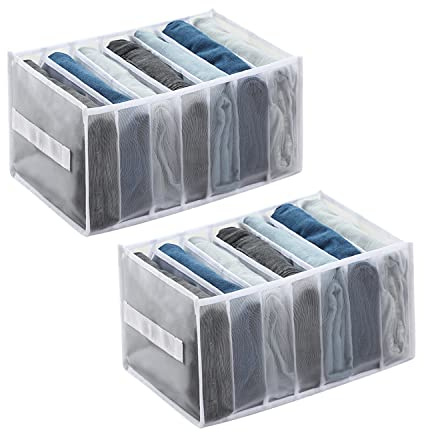 2 pezzi di jeans cassetto scatola di immagazzinaggio, pieghevole e lavabile cassetto scatola di immagazzinaggio con manico e vano, 7 scomparti, utilizzato per i vestiti, jeans, leggings. (Bianco)