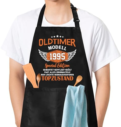 Merclix 30. Geburtstag Männer Grillschürze: Lustig, Wasserdicht, 1995 Oldtimer Modell, Schwarz, Einheitsgröße, 2 Taschen, Herren, Männer Geschenk zum 30. Geburtstag