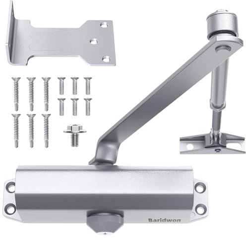 Baridwon Commercial Grade Hydraulic Door Closer Large Size, Heavy Duty No Slam with Hold Open, Silver