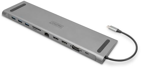 Digitus USB-C Docking Station per Laptop - 11 Porte - 2X HDMI, 1x VGA - Ultra HD 4k30Hz - 3X USB 3.0, 1x USB Type-C - RJ45 LAN, Jack Audio, Lettore di schede - Argento