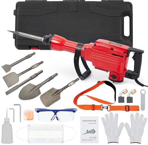 2200W Demolition Jack Hammer Metal Concrete Breaker 1400 BPM Jack Hammer Concrete Breaker Tool Kit, 6pcs Chisels Bit Set W/Case, Noise-Canceling Earplug, Shoulder Strap