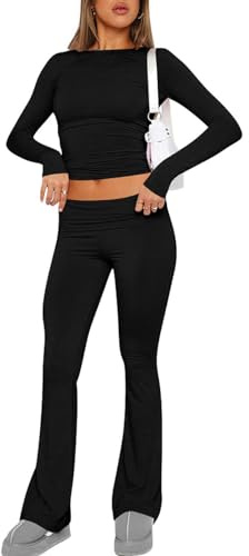 ABINGOO Ensemble 2 Pièces Crop Top et Pantalon Évasé Stretch Tenue de Sport Fitness