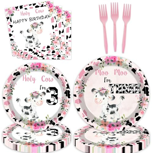 80 Pcs Holy Cow I'm Three Girls Birthday Decorations Moo Moo I'm Three Paper Dinner Plates Napkins Forks Dinnerware for Farm Animals Cow Themed Girls 3rd Birthday Party Supplies