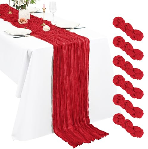 Pesonlook 6er Set Gaze-Tischläufer für Hochzeiten, 55 x 300 cm, Rot
