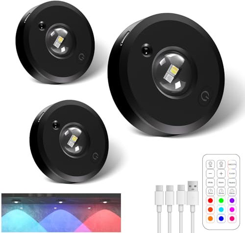 RUYI Spot Sans Fil avec Telecommande,1200mAh Rechargeable RGB Lampe a Pile,Magnétique Dimmable Led Cuisine Sous Meuble avec Fonction de Synchronisation pour Armoires,Penderies,Vitrines-3 Pack