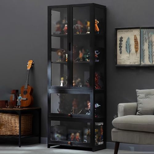 Vitrine, 3/5 Etagen, Curio-Regal, Bambus mit Acrylglastür, Bücherregal für Trophäe und Bücherausstellung, ideal für Spielzimmer und Schlafzimmer, 170 x 65 x 32 cm