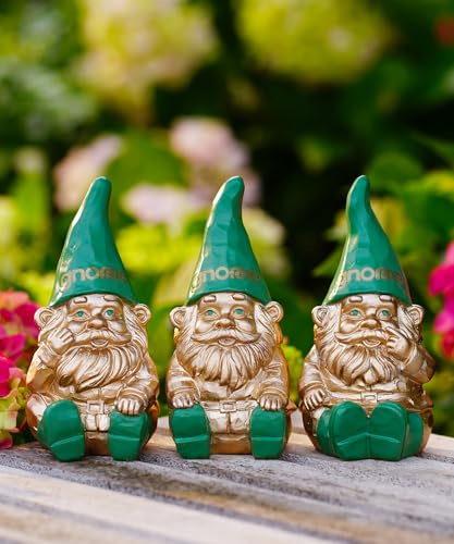 Yeomoo 3er Set Sitzende Golden Gartenzwerge mit Grün Hut aus Resin Figuren - Lustige Geschenke für Frauen, Mütter & Männer - Deko für Wohnzimmer, Schlafzimmer, wichtel Garten