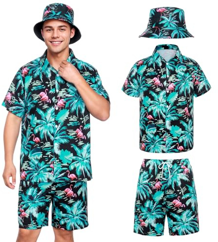 SERTAS Hawaii Hemd Männer, Hawaii Outfit Herren 3 Stück Set,Hawaiihemd und Shorts und Fischerhut,Freizeit Urlaub Strand Hemd Set