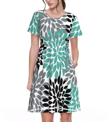 OAZCVBNN Dahlia Flower Print Convenience Women Casual Crewneck Short Sleeve Dress for Summer Versatile Dresses Black