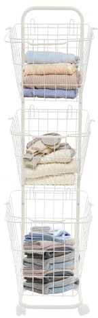 Wäschekorb 3 Fächer, Wäschesammler Schmal, Wäschewagen mit 4 Rollen & Abnehmbare Körbe, 26x32x123 cm, Wäschesortierer für Waschküche & Badezimmer
