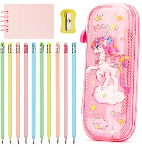 OPPZZIT 10 Stück Bleistifte mit Radiergummi, Kawaii Federmäppchen Einhorn 2 Fächer und Stifthalter innen, Bleistiftset Kinder mit Mäppchen & Notizbuch, Einhorn Geschenke für Mädchen 4 5 6 Jahre, Rosa