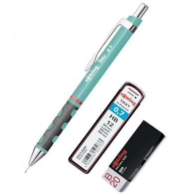 rOtring Tikky Druckbleistift, 0,7 mm, nachfüllbar, Komfortgriff, inklusive 12 HB-Minen und Tikky B20 weißem Radiergummi, stilvoller Schul- und Bürobedarf