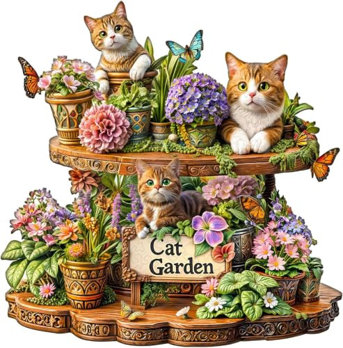 Wooden Puzzles for Adults, 235pcs Cat Garden Wood jigsaw puzzles for adults | Unique Animal Shape Puzzles with Wood Box, 34*33.6cm Wooden Puzzle for Family Game and Birthday Gifts for Friend