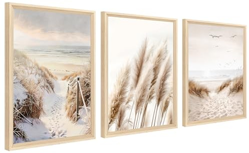 3Pcs Boho Pampasgras Schilf Leinwand Bilder Set Mit Rahmen Natur Strand Ostsee Meereslandschaft Bild Poster Boho Wandbilder Wohnzimmer Schlafzimmer Badezimmer Wanddeko 30x40cm x3pcs (Kein Plexiglas)