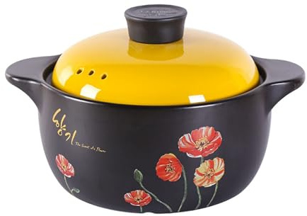 Olla sopera de cerámica de 3,5 l, antiadherente, negra, redonda, con tapa amarilla, resistente al calor, de barro, B
