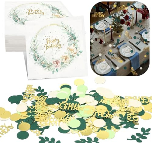 200 Stück Konfetti Und 40 Stück 33 x 33 cm Servietten Geburtstag Salbeigrün Set, Tischdeko Happy Birthday Streudeko Grün Gold Luftschlangen Deko für Deko Kommunion Konfirmation Taufe Geburtstag