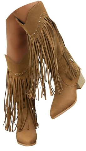 Bottes de cowboy à franges pour femme, 2025 à bout pointu et pompons, bottines rétro à franges à rivets à enfiler larges, mi-mollet, bottes d'équitation à mollet large, kaki, 35.5 EU
