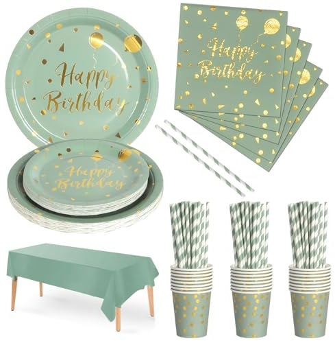 Nkaiso Vaisselle Jetable Anniversaire, 121Pcs Vert Sauge et Or Assiette Jetable Inclure Assiette Carton, Tasse et Serviette, Enfants Fête Anniversaire Décoration - 24 invités