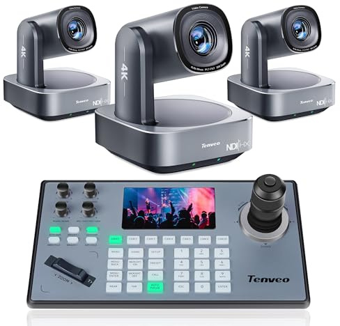 Tenveo 4K PTZ Camera and Controller Bundle/Kits - 20X AI Tracking HDMI/USB3.0/LAN(PoE) 4K NDI PTZ Camera(3PCS) and 5'' LCD Screen Joystick Controller for Church Service Events Live Streaming