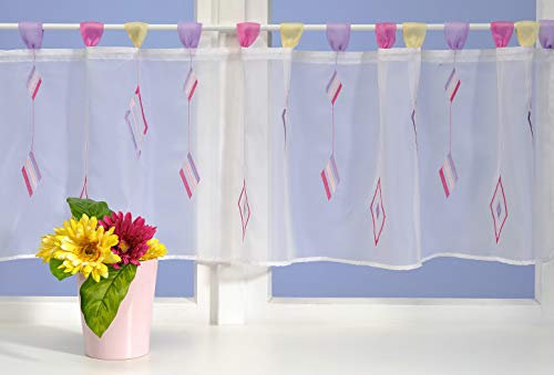 Haus und Deko Bistrogardine ca. 140x40 cm Cafehaus Schlaufen Gardine weiß transparent Voile Fenstergardine farbig Bestickt Rauten Muster lila-rosa