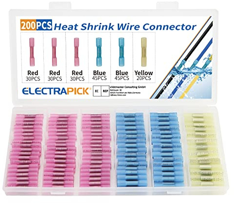 electrapick Kabelverbinder 200tlg Stoßverbinder Quetschverbinder, 22-10 AWG Wasserdicht Schrumpfverbinder, Rot/Blau/Gelb