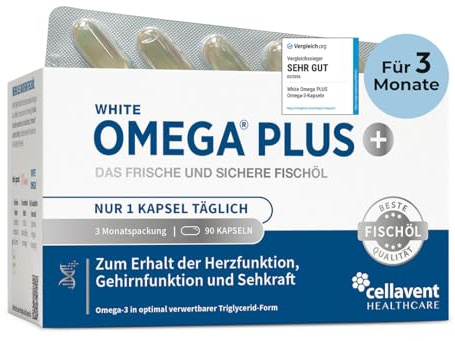 Omega 3 Kapseln hochdosiert - Vergleichssieger 2026 - nur 1 Kapsel täglich - 400mg EPA + 300mg DHA - ohne Aufstoßen - hochreines Fischöl in Triglycerid-Form, laborgeprüft - White Omega PLUS