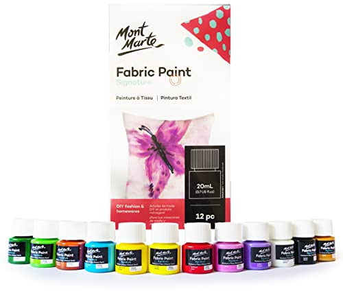 Mont Marte Textilfarben Set – 12 Stück x 20ml – Waschfeste Stoffmalfarben – Hochwertige Farben – Ideal für Kleidung, Taschen und allen Stoffen