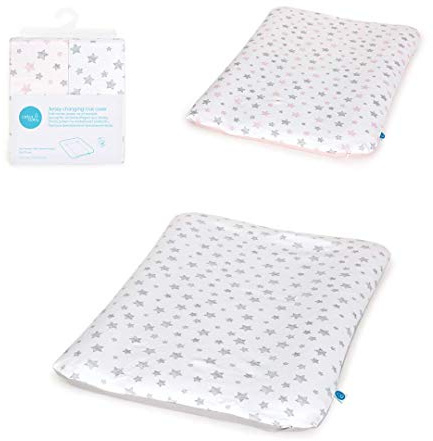 Ceba Baby Bezug für Wickelauflage - 2er Set Wickelauflagenbezüge - Überzug für weiche Wickelunterlage in Größe 50x70 cm mit Reißverschluss - Baumwolle Jersey, extra dick - graue Sterne + Pink Stars