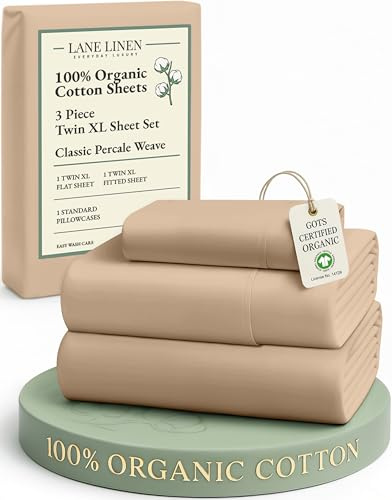 LANE LINEN 100% Organic Cotton Twin XL Sheets Set, Fully Elasticized Bed Sheets Set Twin XL Size Perfetct for Hospital beds, Deep Pocket Soft & Comfy Sheets Set Twin XL Size-Taupe