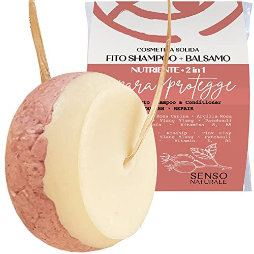 Senso Naturale Shampoo Solido e Balsamo Capelli 2 in 1 Nutriente Riparatore per Capelli Secchi o Danneggiati con Rosa Canina, Argilla Rossa, Olio di Jojoba, PH 4,5-5,5 100% Naturale e Biologico