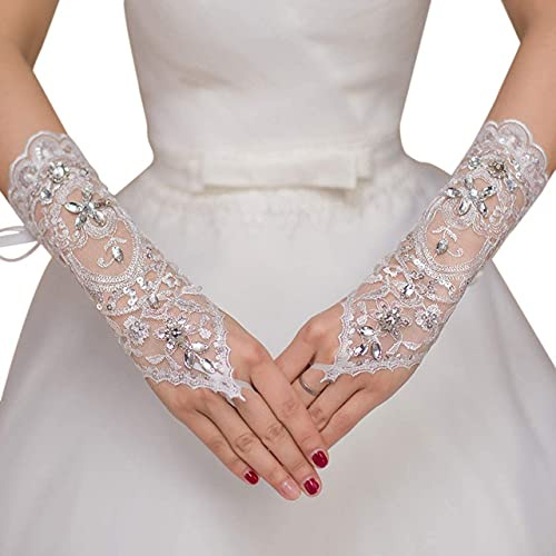 ohcoolstule Braut Hochzeit Spitzenhandschuhe Weiße Handschuhe Fingerlose Kristallhandschuh Pailletten Party Brautaccessoires für Frauen und Mädchen(Weiß)
