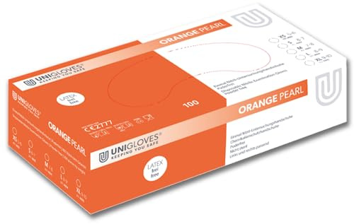 UNIGLOVES Orange Pearl® Lot de 100 gants jetables, ajustés, en nitrile, adaptés à un usage alimentaire, sans poudre et sans latex, haute résistance et durabilité, taille L