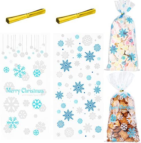 BBLIKE 100 Cellophantüten Klar Süßigkeiten Tüten 27x13cm Candy Bar Tüten Bonbon Tüten Plätzchentüten mit 100 Bindebänder Zellophantüten transparent kekstüten für Schokolade Bonbons Kekse(Schneeflocke)