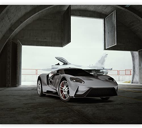 murando Fototapete selbstklebend weißes Auto 343x256 cm Tapete Wandtapete Klebefolie Dekorfolie Tapetenfolie Wand Dekoration Wandaufkleber Wohnzimmer Flugzeug Kampfflugzeug Hangar