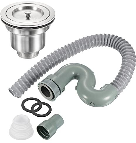 sourcing map Sink Stopper Drain Assembly Kitchen Anti Clogging Filter Plug Strainer with 80cm Pipe for Wash Basin without Overflow, Silver