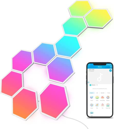 Govee Glide Hexa Light Panels, Luces LED Inteligentes de Pared en Forma de Hexágono, Luces Wi-Fi RGBIC Funciona con Alexa y Google Assistant para Sala de Estar, Gaming Room, 10 Piezas