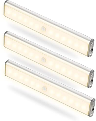 tuare Motion Sensor Light Indoor, 12 LEDs 120LM Bright Closet Light, USB Rechargeable Battery Powered Wardrobe 3 Modes Auto On/Off LED Strip Magnet Under Cupboard - Warm White