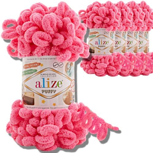 Alize 5 x 100 g Puffy turkisk ull, Super Bulky chenillegarn, gosigt mjukt babyull, stickgarn för virkning, mjukt chenillegarn, XXL-nystan för Amigurumi (levande rosa | 377)