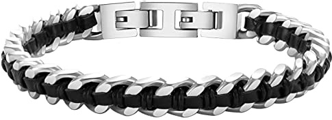 OIDEA Herren Armband, Vintage Klassisch Lederband Kubanisches Herrenarmband, Handgeflochten Armreif Vestellbar 17.5-19 cm aus Edelstahl, Silber/Gold/Schwarz