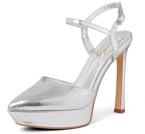 GENSHUO Scarpe Donna Punta Plateau 13cm Cinturino Caviglia Festa, Argento MOD B, 40 EU