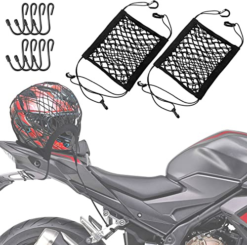 2PCS Upgrade Cargo Net for Motorcycle Helmet Storage, 10X11 High-Elastic Double Layer Bungee Net with 8 Extra Strong Metal Hooks, Luggage Strap Rack Expansion Organizer Net for Motorbike Trike Cycle
