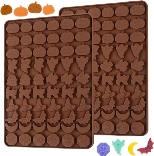 kamehame Silikonform Halloween Backform Silikon Pralinenform 2 Stück Kürbis Geist Fledermaus Hexenhut Spinnennetz Form für DIY Halloween Hundekekse, Schokolade, Leckerlis und Weihnachten Süßigkeiten