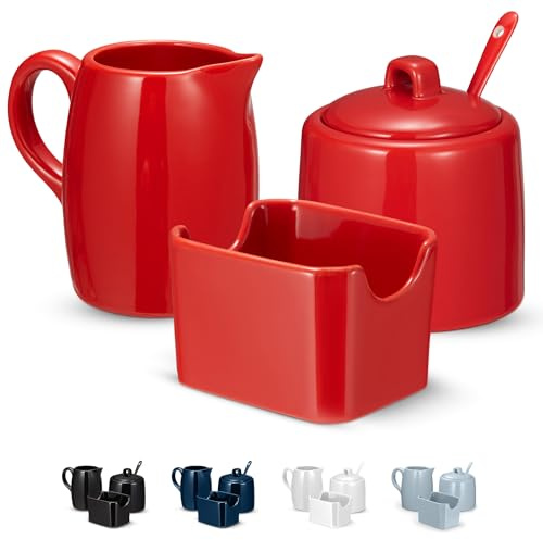 Kook Juego de azucarero y crema, 3 piezas, jarra de azúcar con tapa y cuchara, soporte para edulcorante, color rojo cereza