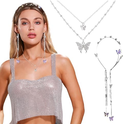LaVenty 2 PCS Butterfly Kopfschmuck Elfe Haarreif Festival Hair Accessories Festival Kopfschmuck Kopfschmuck Silber Korean Fashion Wome Kopfkette Silber Kawaii Schmuck